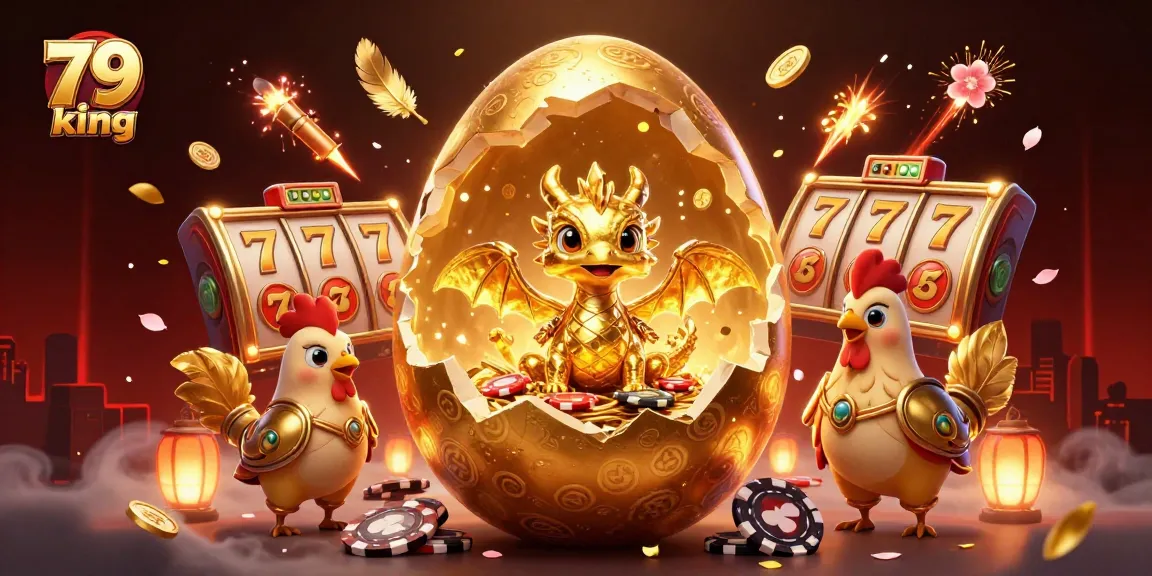 Win big with 79 king as a golden egg cracks open revealing a dazzling dragon amidst chips and slots.