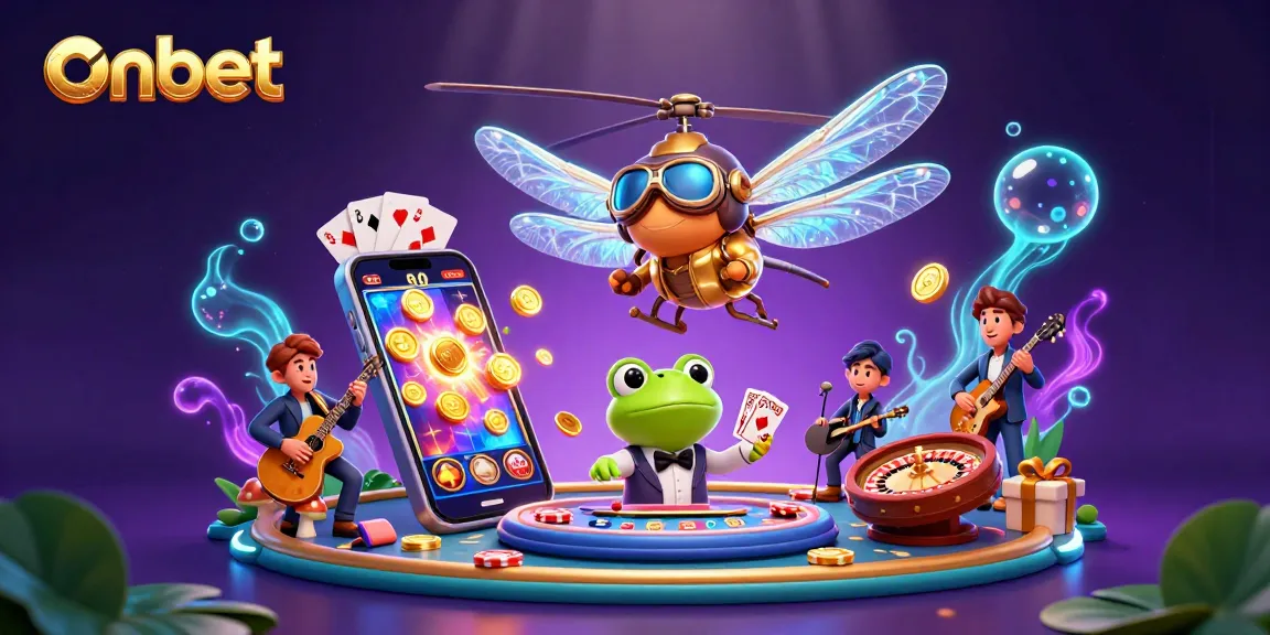 Experience the thrill of onbet with a dynamic 3D casino illustration showcasing a dragonfly pilot and frog croupier amid vibrant gaming elements.