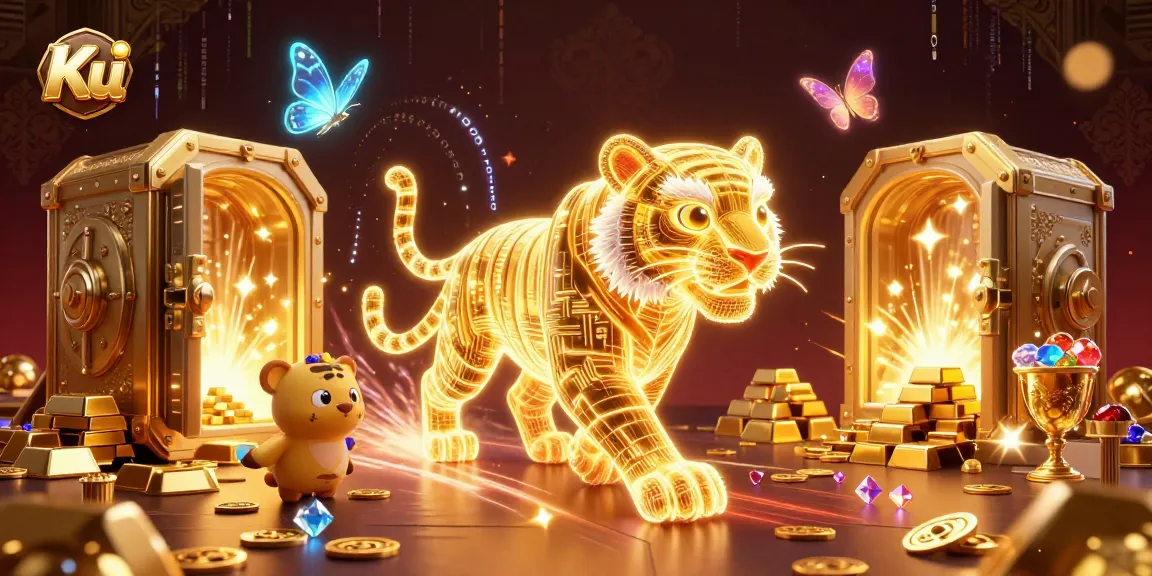 Experience the thrilling atmosphere of Ku with a golden tiger and treasures in a dynamic casino landscape.