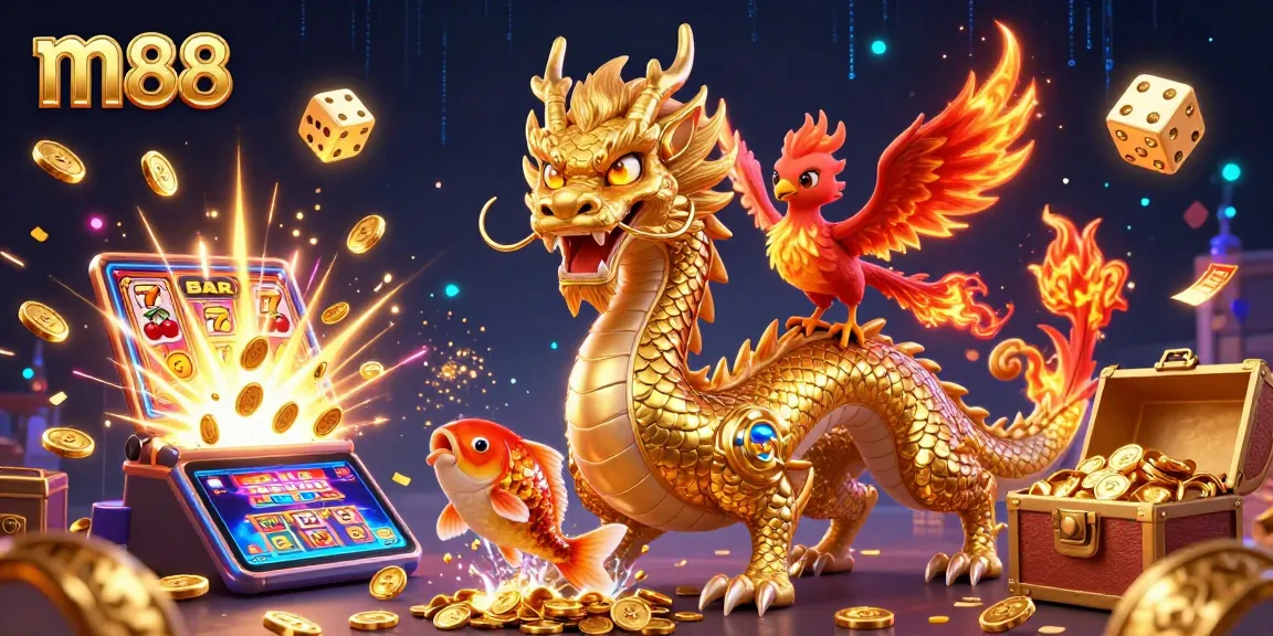 Experience thrilling wins at m88 with an energetic casino illustration featuring a golden dragon and vibrant symbols.