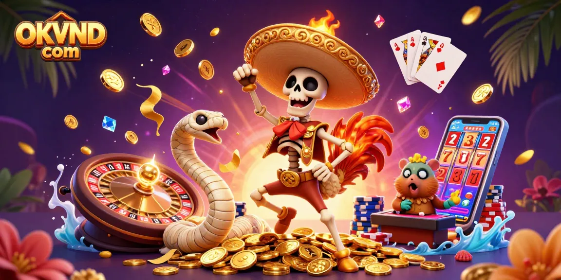 Experience thrilling casino vibes with OKVND com in this dynamic, vibrant illustration.