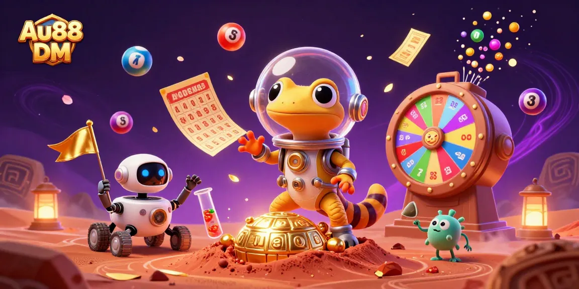 Experience excitement at Au88 DM with a Martian gecko discovering a golden casino amidst vibrant game elements.