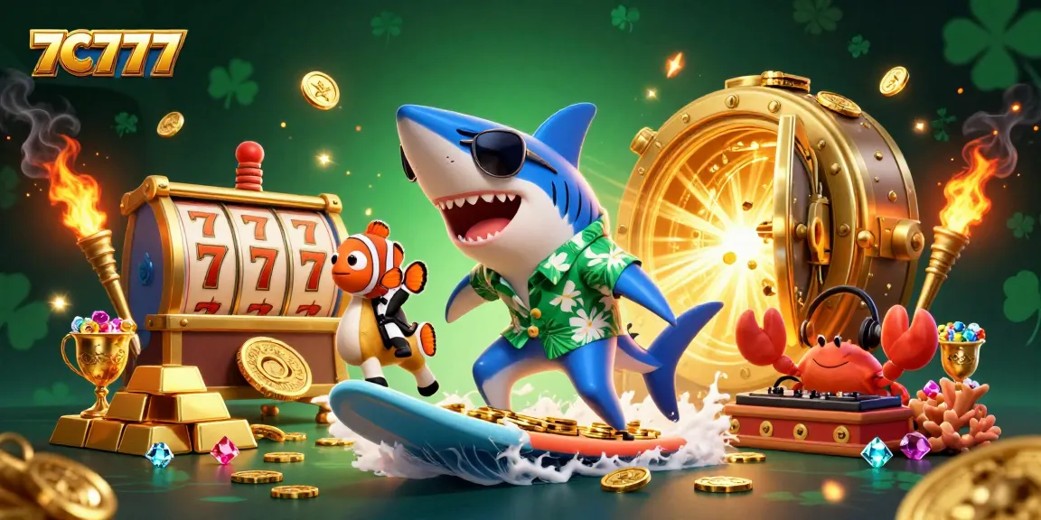 Experience thrilling gameplay with 7C777 as characters dance among gold coins and slot reels.