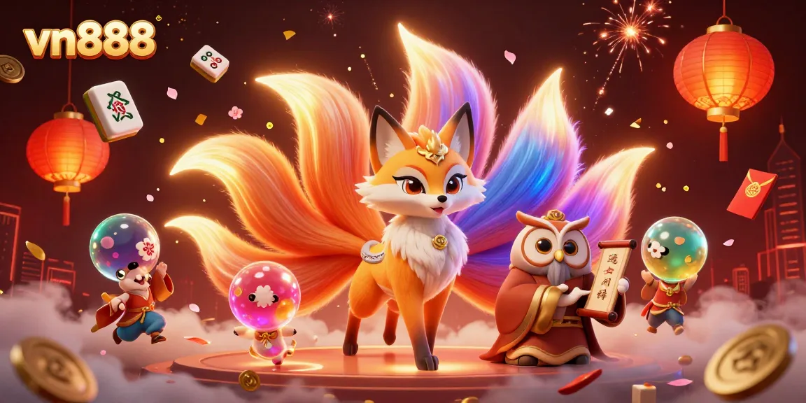 Experience the vibrant energy of vn888 with a mystical fox spirit and owl sage in a dynamic casino scene.