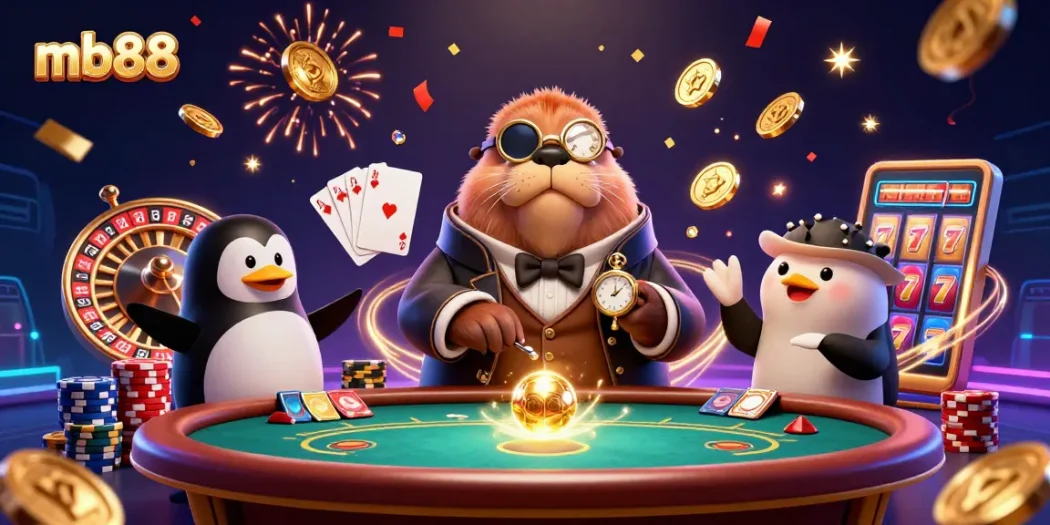 Experience the dynamic world of mb88 with a colorful underwater casino scene featuring playful characters.
