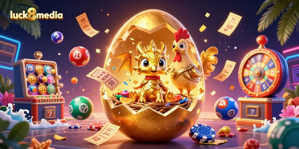 Engage with luck8media's vibrant golden dragon baby amid a dynamic casino scene, showcasing rich gaming elements.