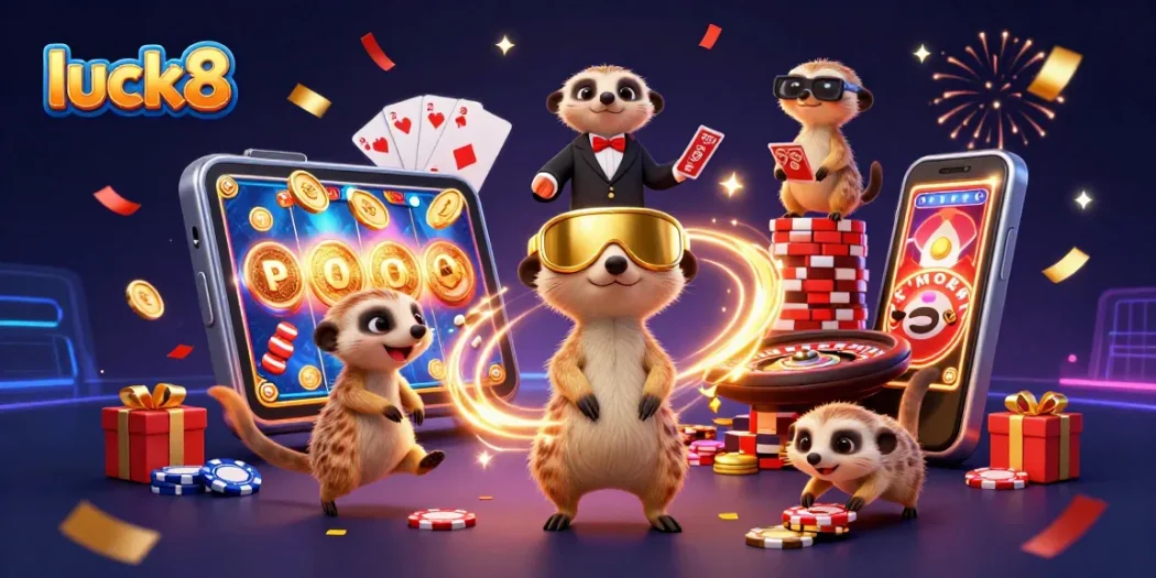 Engage with luck8's vibrant casino atmosphere featuring meerkats managing gaming excitement.