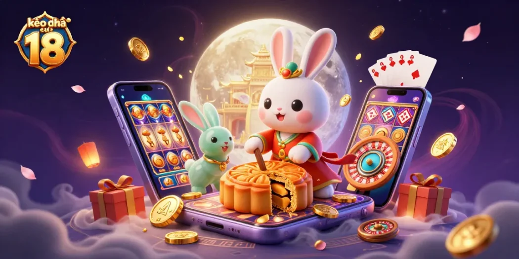 Experience enchanting kèo nhà cái 18 with a moon rabbit and casino games illustrated on the lunar surface.