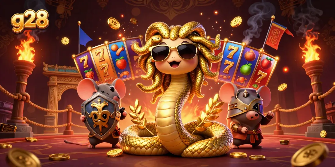 Experience thrilling wins at g28 with a vibrant Medusa-themed slot scene filled with golden elements.