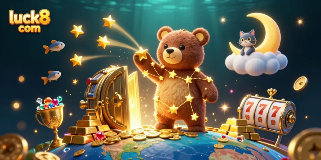 Engage with luck8 com as a magical constellation bear and lucky symbols sparkle in 3D.