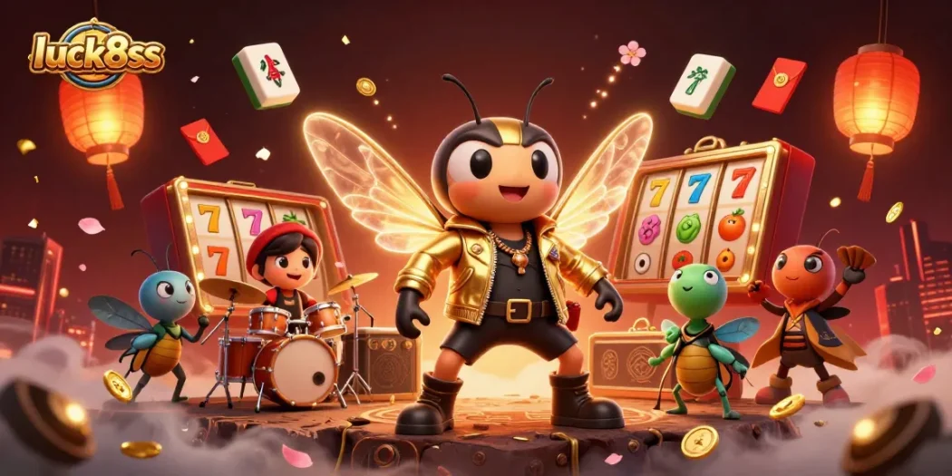 Experience luck8ss with a vibrant 3D casino scene of a rock star, slot reels, and festive elements.