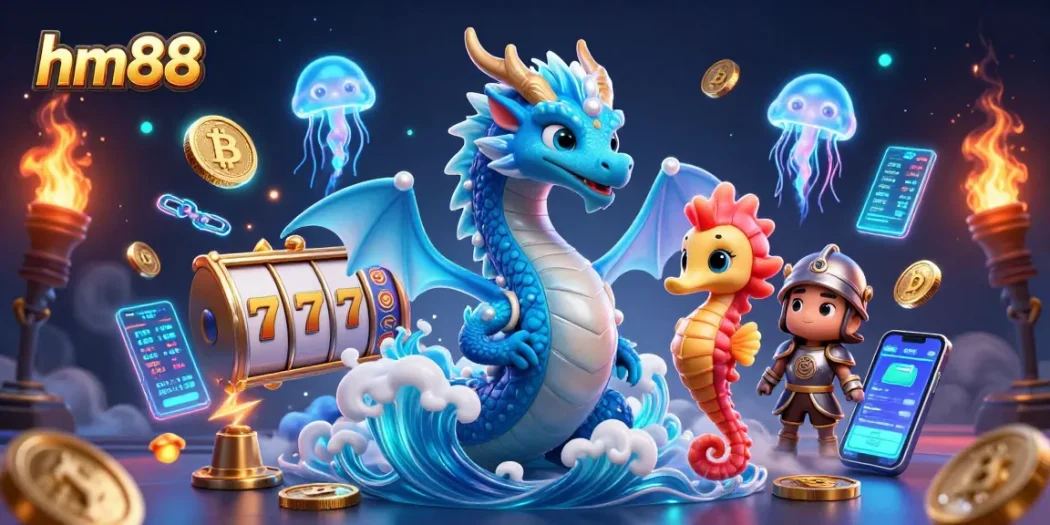 hm88 engages players with colorful slot reels alongside an azure dragon and seahorse knight.