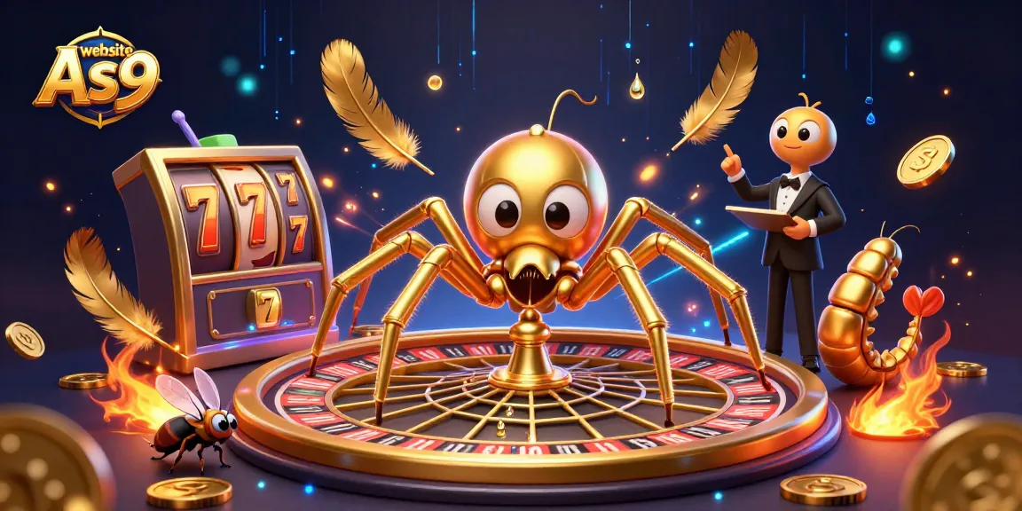 Spin your luck at website As9 with a unique 3D casino scene featuring a dynamic spider-themed roulette wheel.