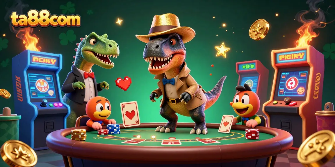 Engage with ta88com by placing bets at a lively blackjack table featuring animated characters and casino elements.