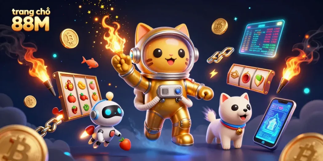 Capture the excitement of winning at trang chủ 88M with a vibrant scene featuring a space astronaut cat and a robot dog amidst casino elements.