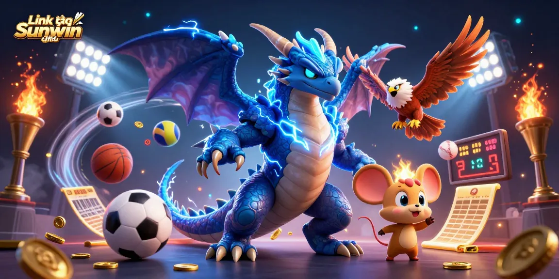 Engage with Link vào Sunwin chính thức in a vibrant 3D casino illustration featuring dynamic sports and casino elements.