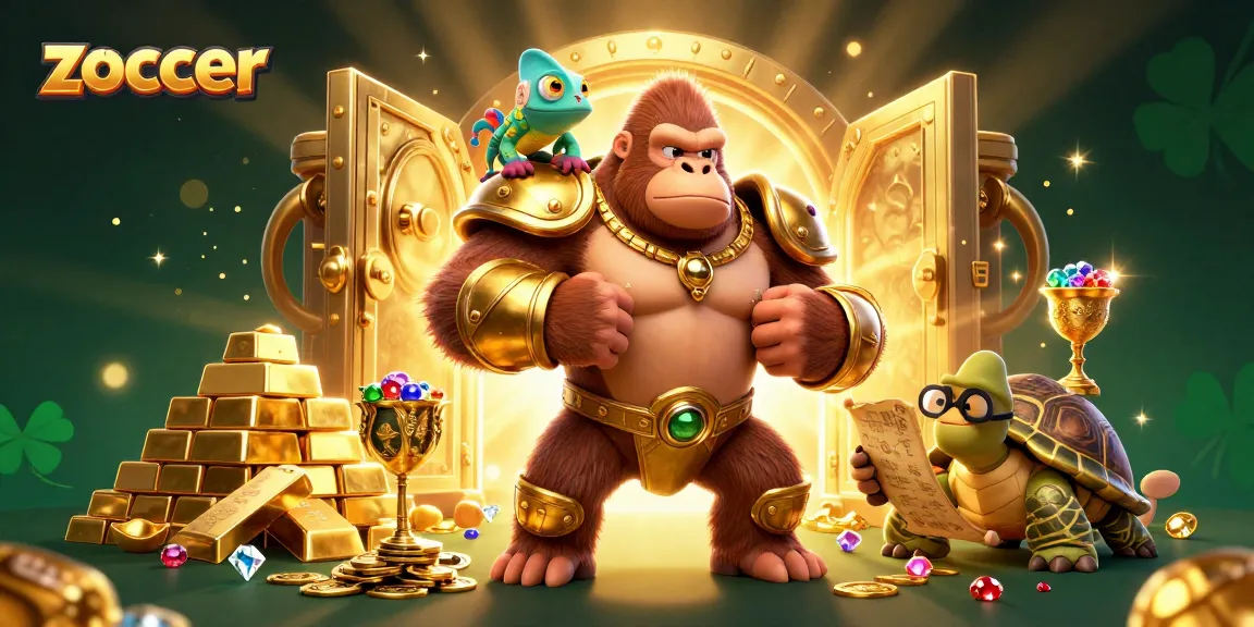 Zoccer showcases vibrant casino action with characters amidst a treasure-filled scene of gold and gems.