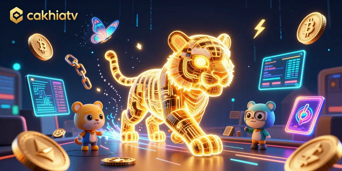 Experience the excitement of cakhiatv with golden tiger lights in a digital casino landscape full of crypto.