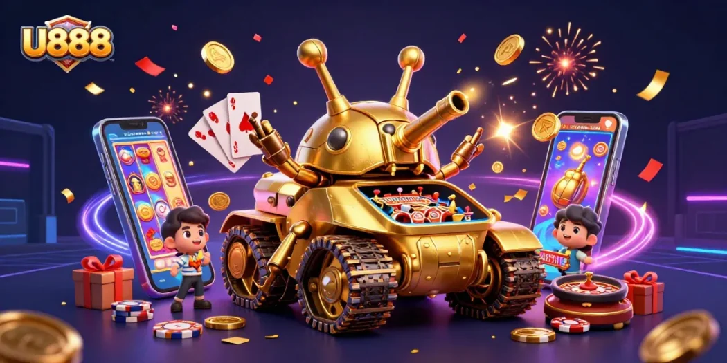 Experience the thrilling games at U888 with a dynamic casino scene featuring a golden beetle tank and energetic gaming elements.