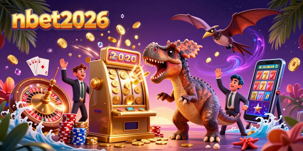 Spin to win with nbet2026 in a vibrant 3D casino scene featuring jackpot coins and animated characters.