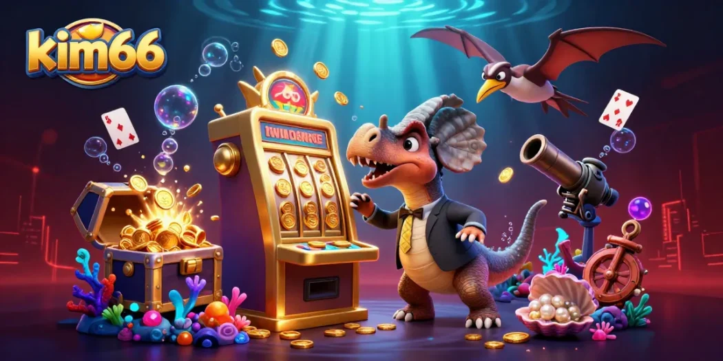 Experience the thrill of kim66 as a pachycephalosaurus hits a slot machine amidst a vibrant casino scene.