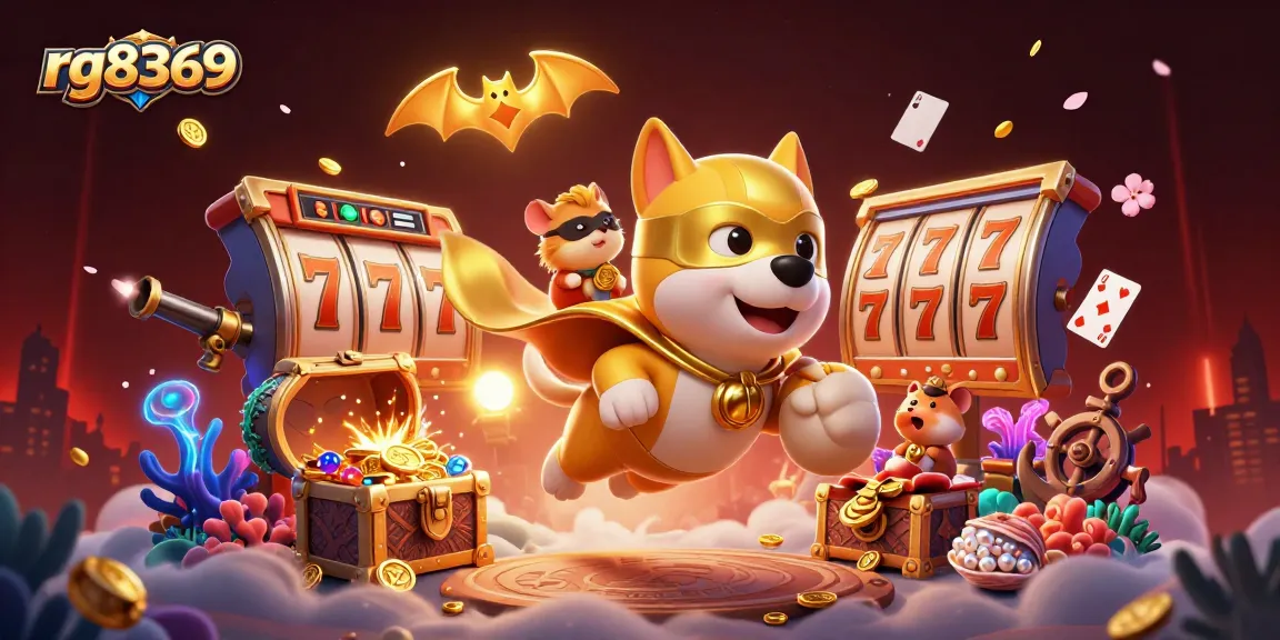rg8369 captures the excitement of winning with a superhero dog and gold coins amidst casino elements.