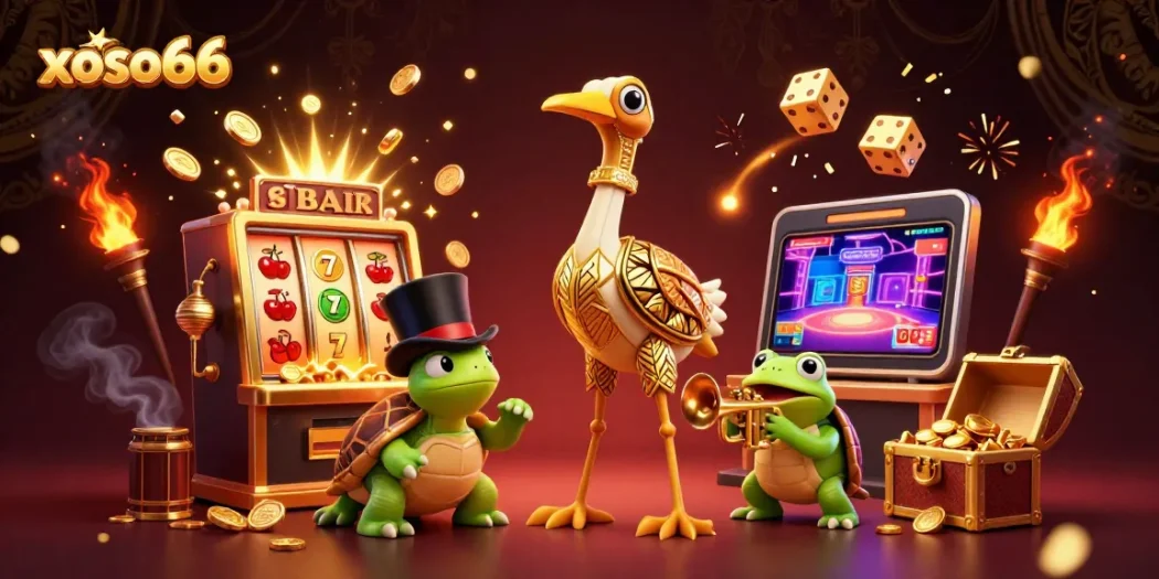 xoso66 players celebrate big wins with vibrant casino illustrations and rich gaming elements.