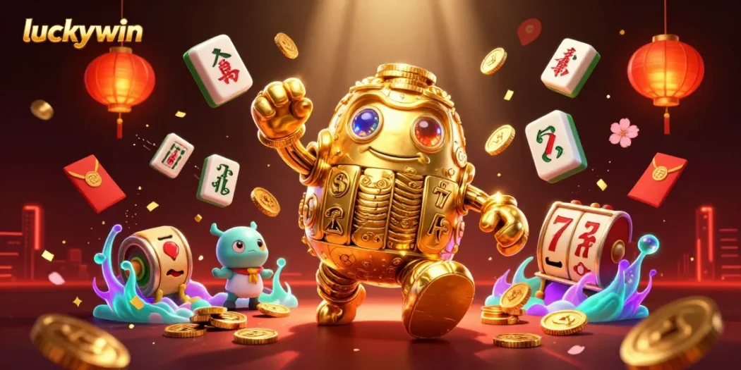 Experience thrilling gameplay with Luckywin's golden golem and slot symbols amid vibrant casino elements.