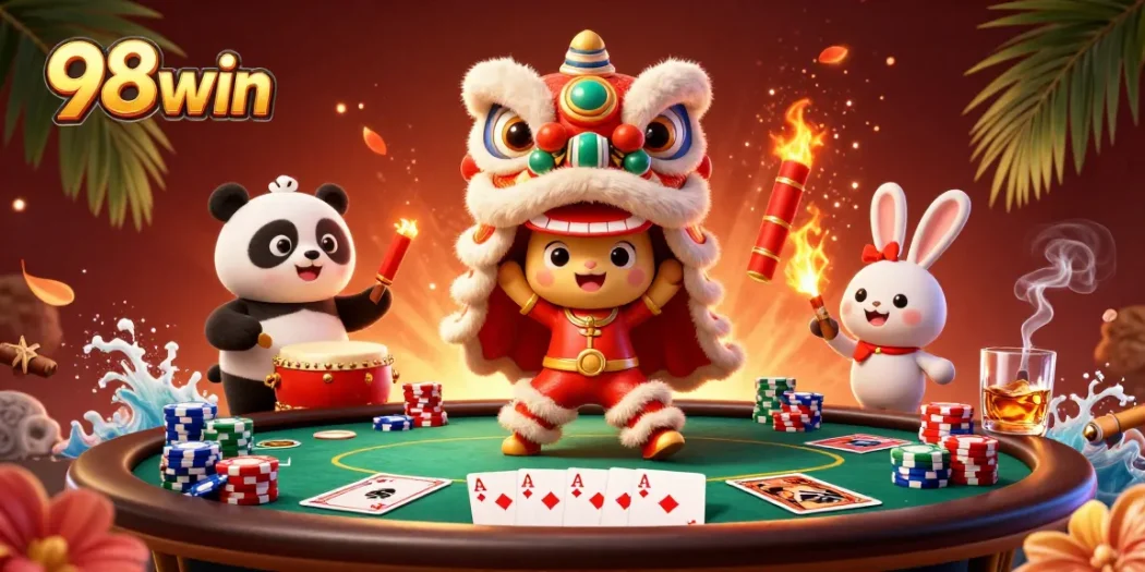 Experience thrilling gameplay at 98win with exciting casino action and vibrant characters in this dynamic scene.