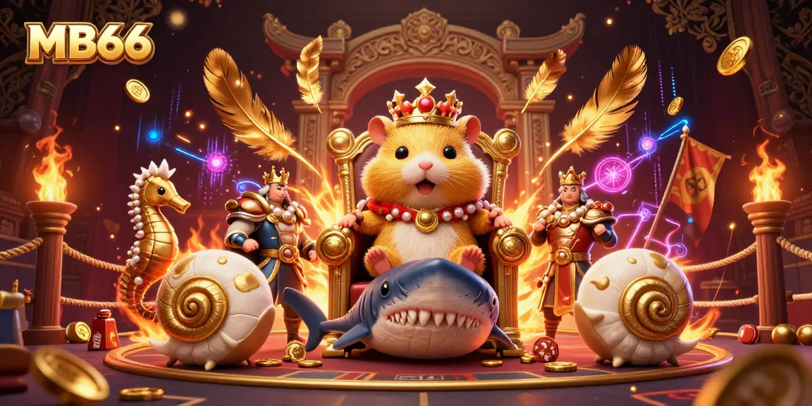 Experience the thrilling world of MB66 with a fierce hamster king leading a vibrant gambling scene filled with treasures.
