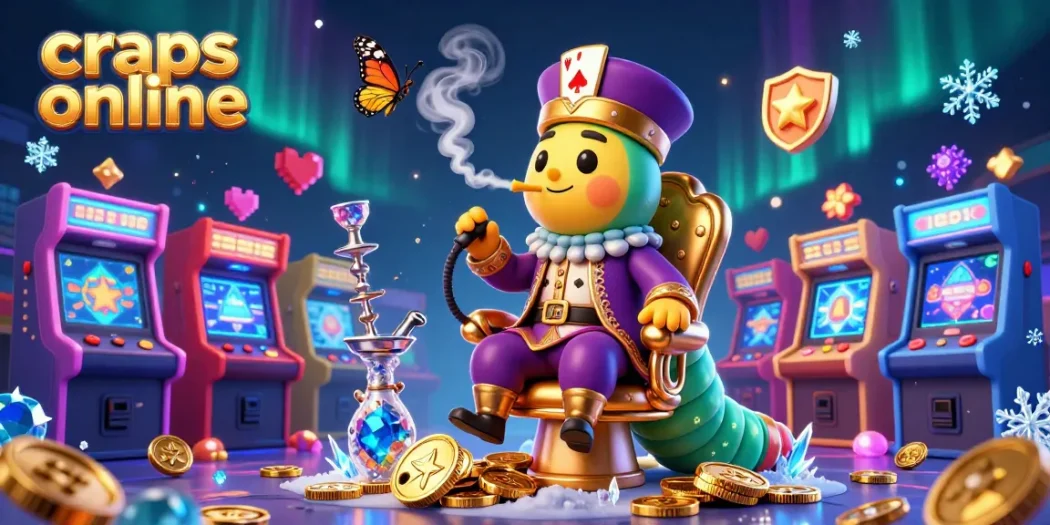 Craps online scene with 3D cartoon caterpillar hookah-master amid vibrant casino elements.