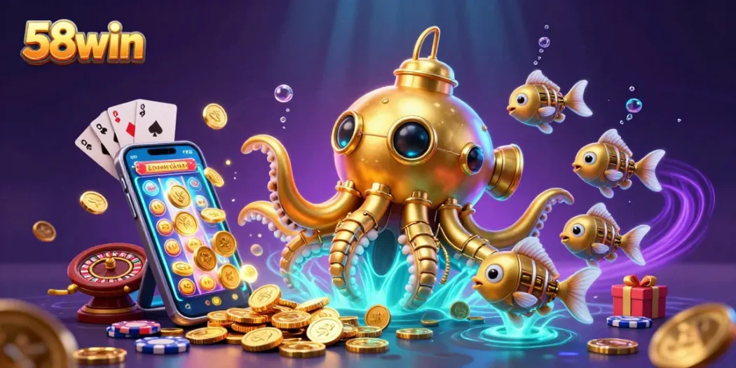 Engage in thrilling gameplay with 58win's dynamic 3D casino scene featuring vibrant slot games and golden treasures.