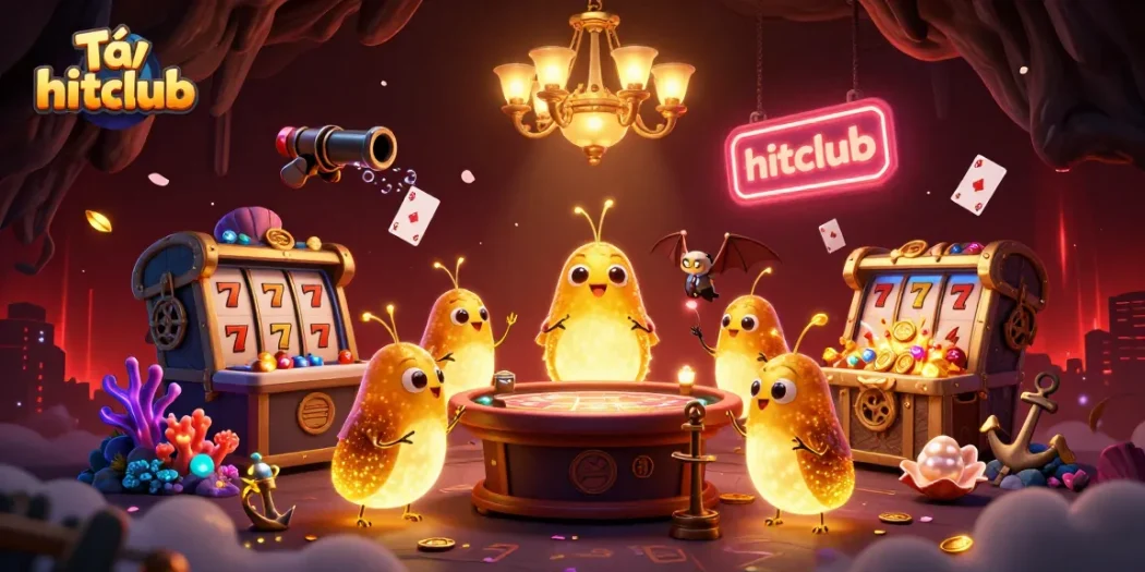 Tải hitclub showcases a lively cave casino, illuminated by glowworm characters with stunning visuals.