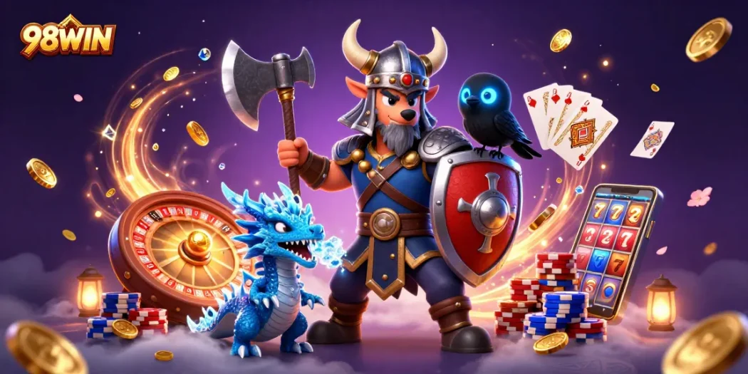 Experience thrilling gameplay at 98WIN with a vibrant casino scene showcasing dynamic characters and game elements.