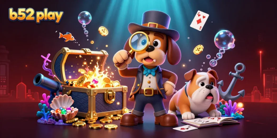Engage in the b52 play adventure with a cartoon detective and bulldog over golden poker chips.
