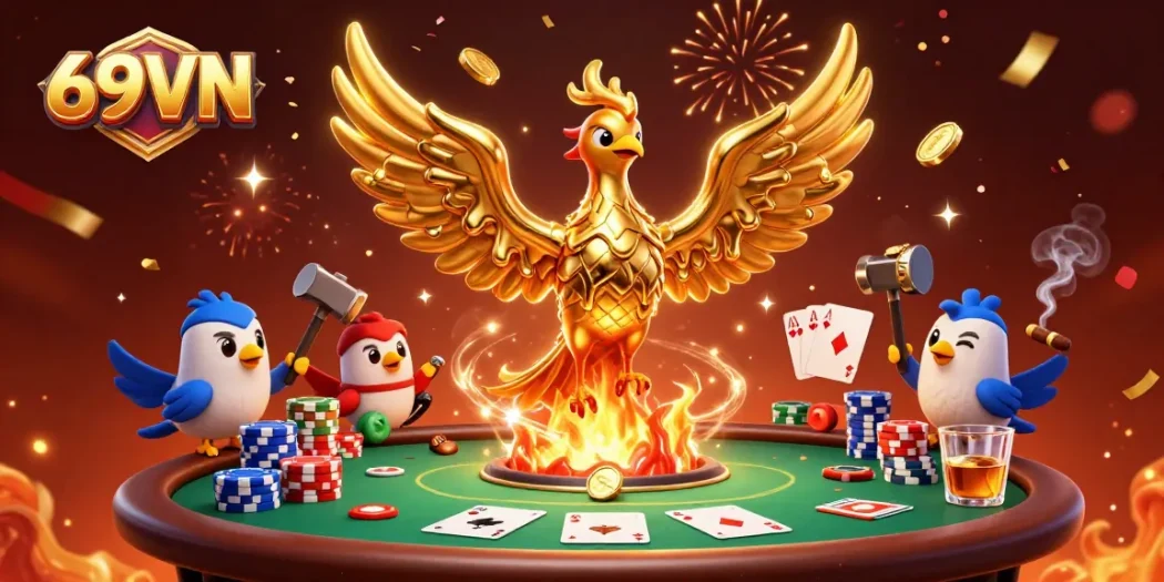 Experience thrilling gaming action at 69VN with vibrant poker elements and a majestic phoenix!