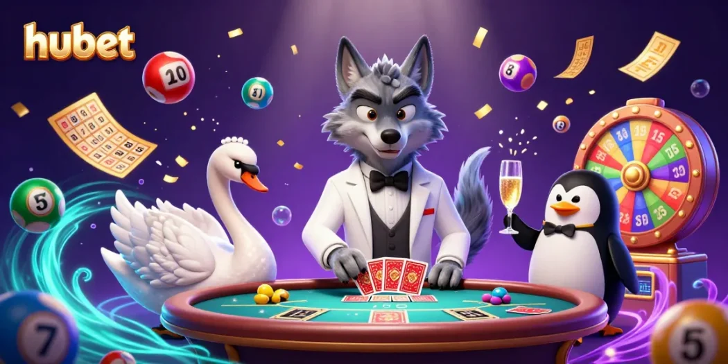 Experience lively betting with hubet as a debonair wolf plays baccarat amid vibrant lottery elements.