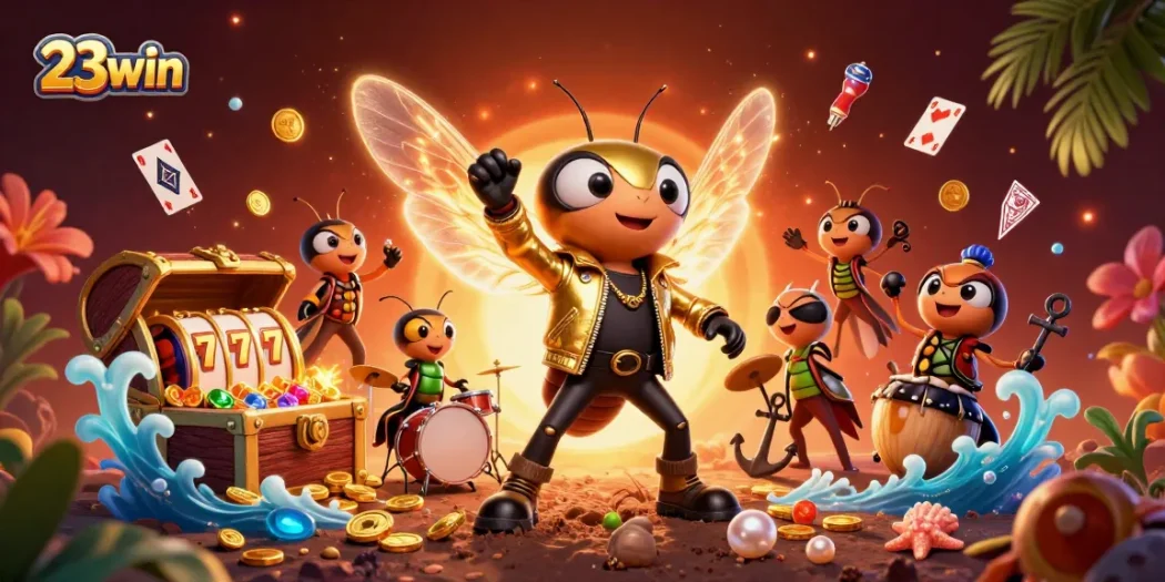 Experience the thrill of 23win with a vibrant cartoon scene featuring exciting casino elements.