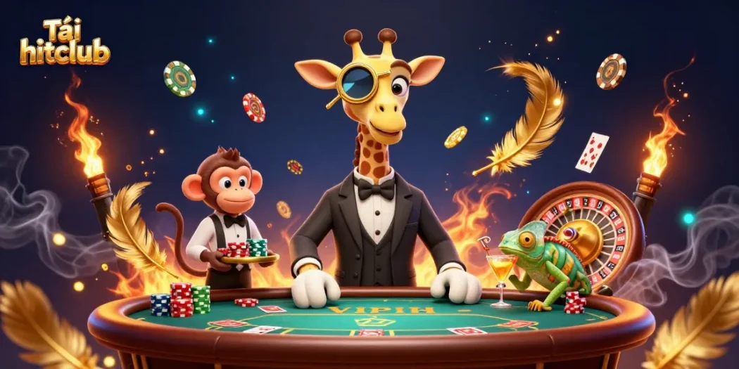 Tải hitclub and win big with a vibrant casino scene featuring a giraffe at the poker table.