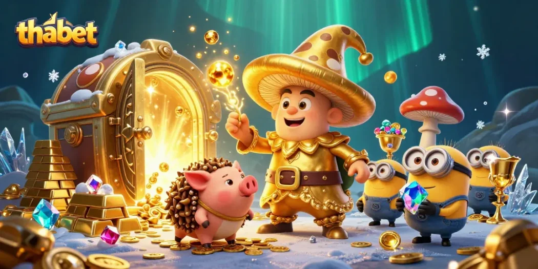 Experience the thrill at thabet with golden treasures and engaging characters in this vibrant casino-themed scene.