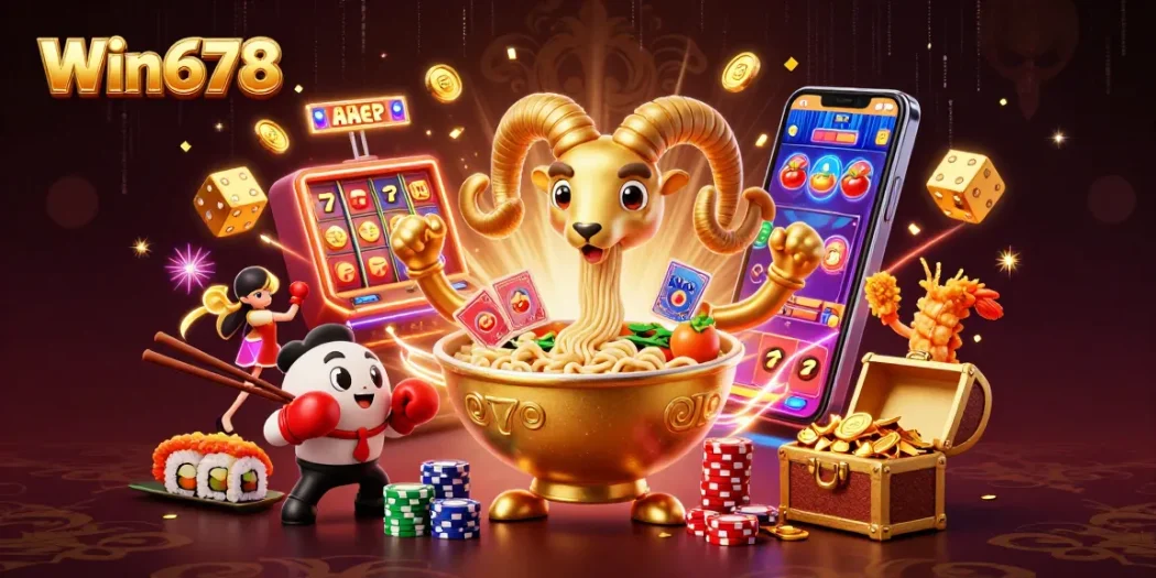 Win678 showcases a vibrant 3D casino scene with characters playing and winning, creating an exciting online gaming atmosphere.