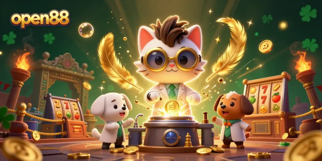 Experience the thrill of open88 with cartoon characters in a lively casino scene packed with slot symbols and golden coins.