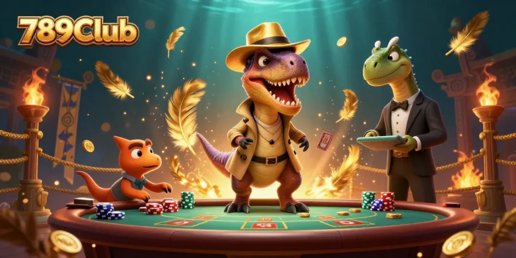 Experience the thrill of 789Club with a 3D velociraptor at a blackjack table, surrounded by vibrant casino elements.