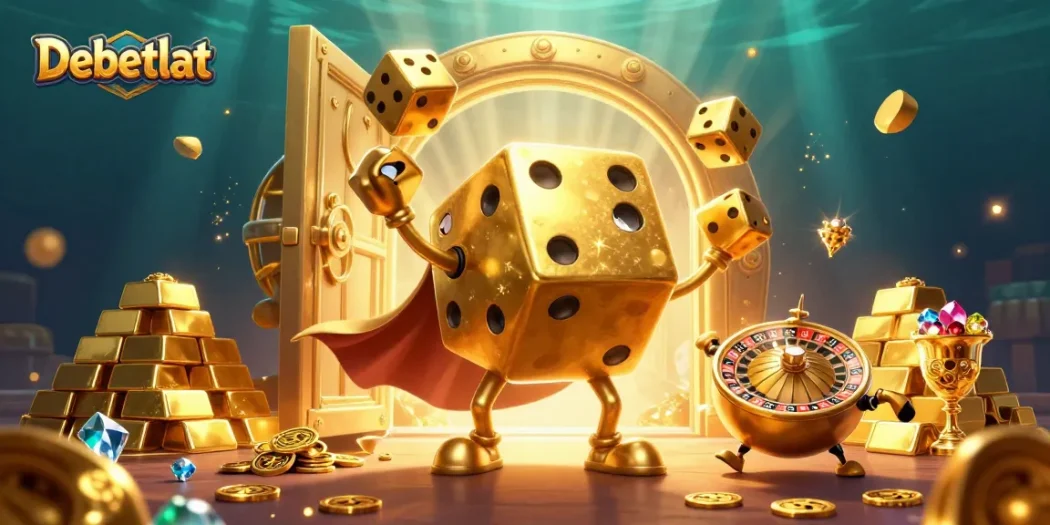 Engage with Debetlat's high-energy casino scene featuring a playful dice golem and treasures.