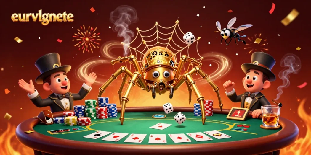 A 3D cartoon illustration of the golden spider intricate web at eurvlgnete capturing dice amid colorful poker elements.