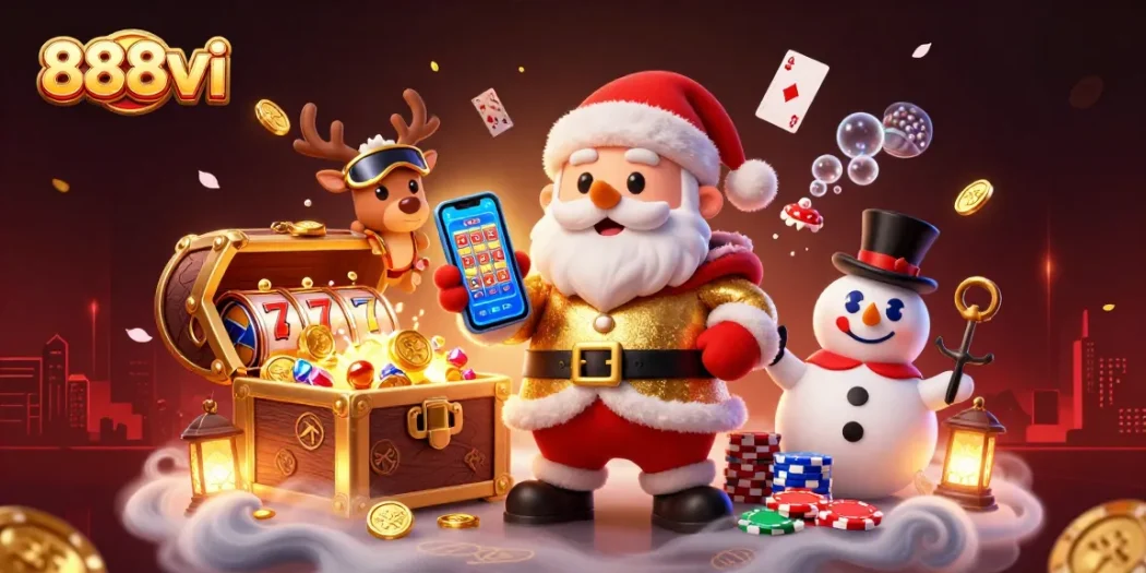 Experience the thrill of winning with 888vi jackpot slots and festive characters in a vibrant casino scene.