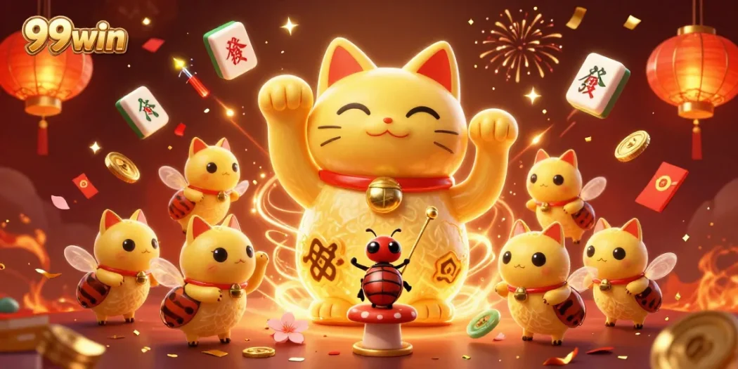 Experience thrilling action at 99win with a vibrant lucky cat animation amidst dazzling casino symbols.