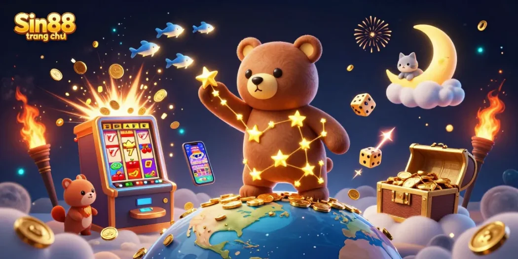 Engaging scene showcasing Sin88 trang chủ with a constellation bear and vibrant casino elements