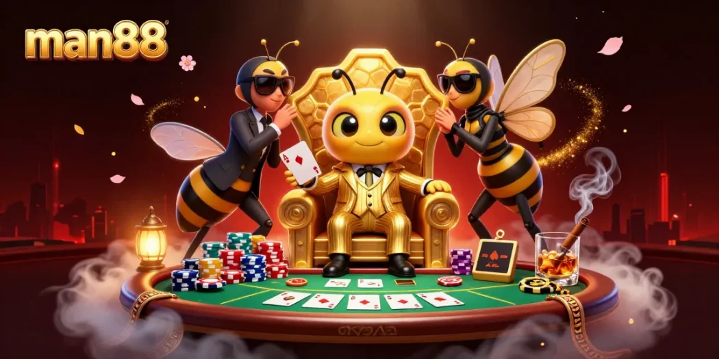Experience the thrill of poker with man88 featuring a bumblebee mob boss in a luxurious setting.