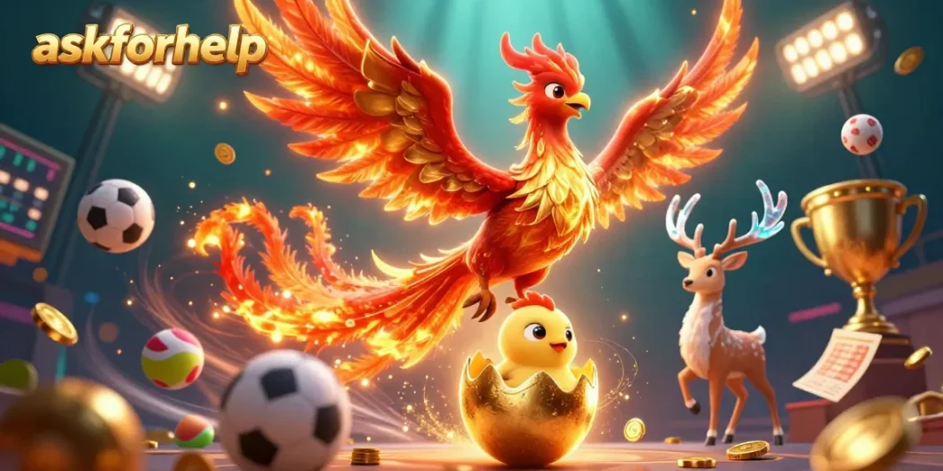Place your bets with askforhelp in this vibrant casino scene featuring a phoenix and sports elements.